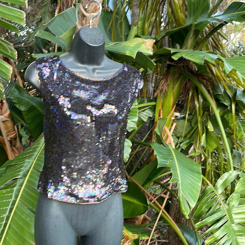 Adriana, Papel evening, iridescent, sequin and beaded silk top